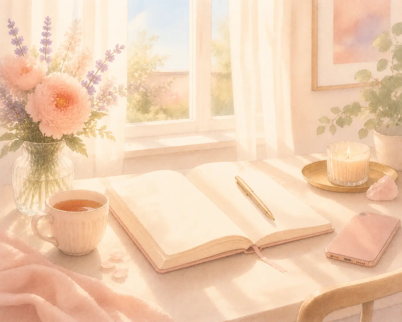 A bright morning table with a journal and phone placed aside