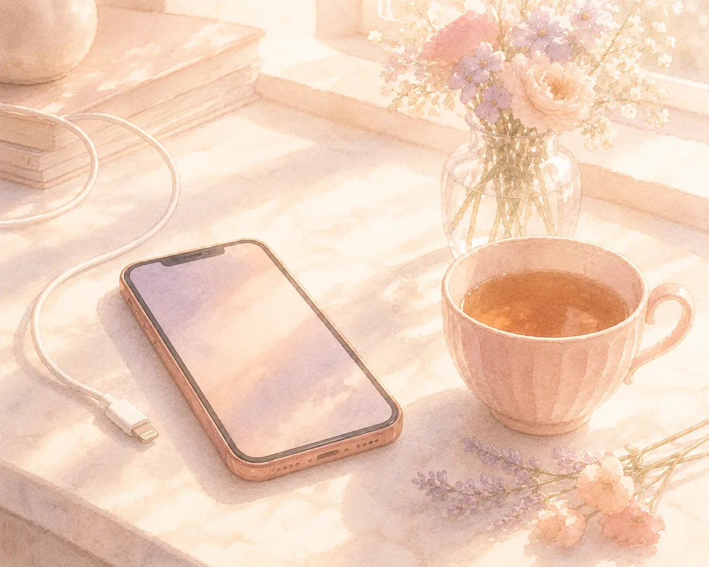 A phone with an unsent-feeling message beside a cup of tea