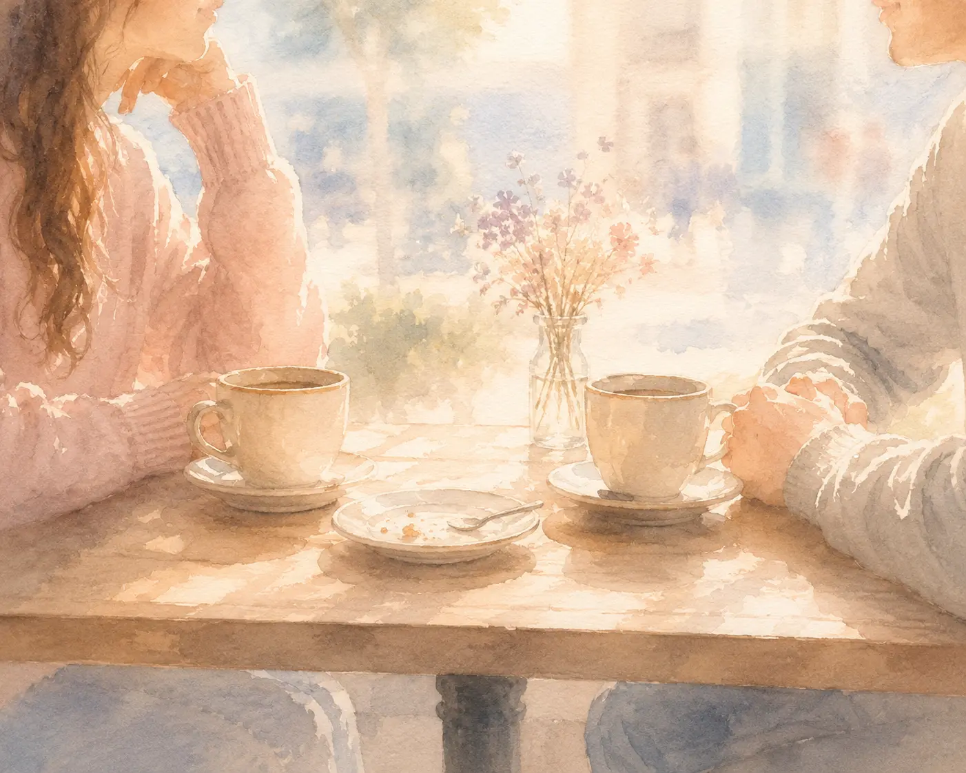 A quiet cafe table during a first date after a breakup