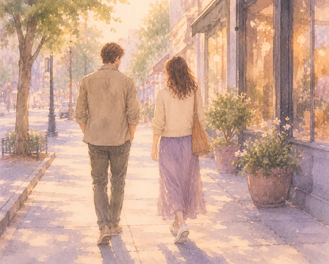 Two people walking calmly after a date in soft evening light