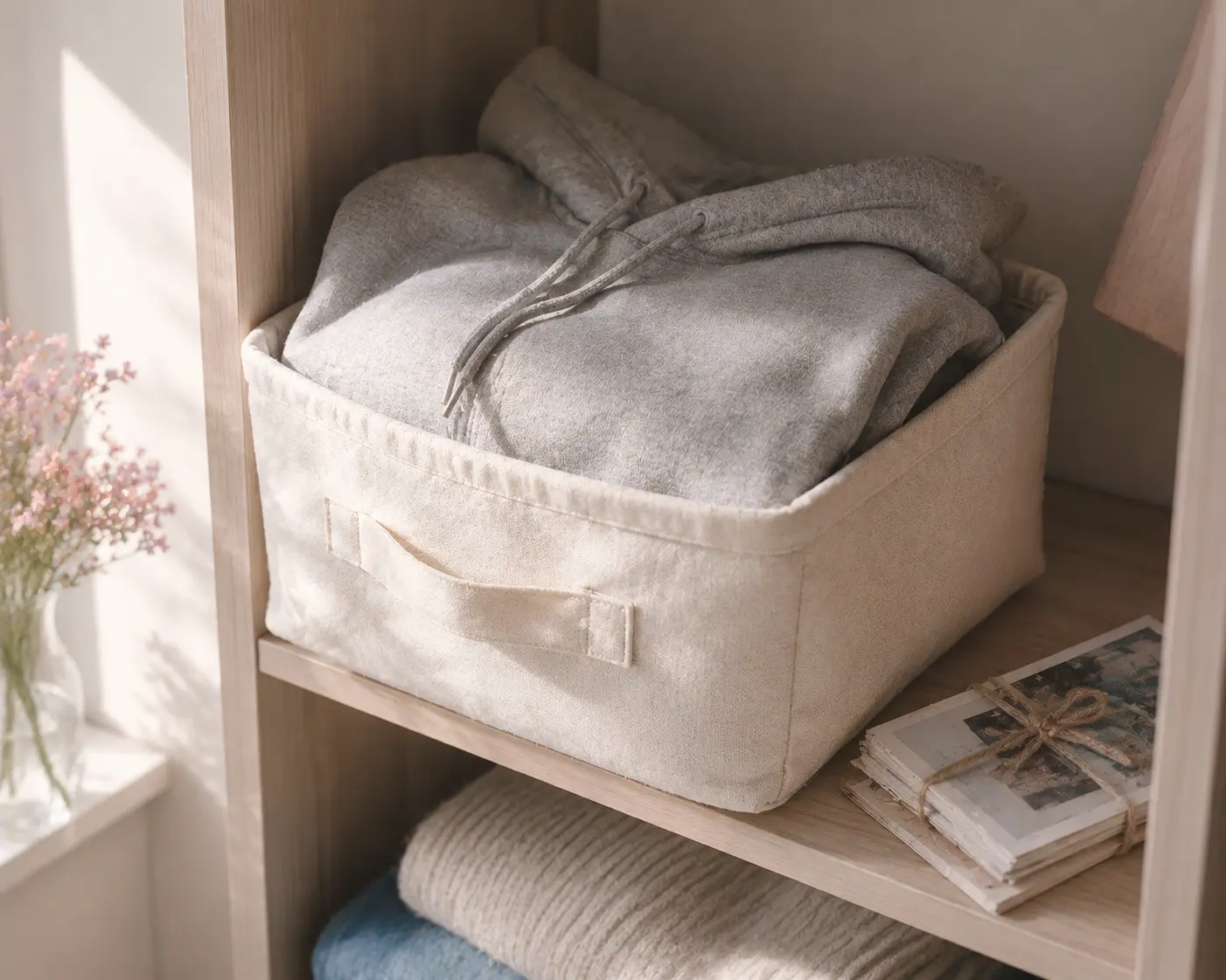 A soft closet shelf with a folded hoodie in a cotton bag
