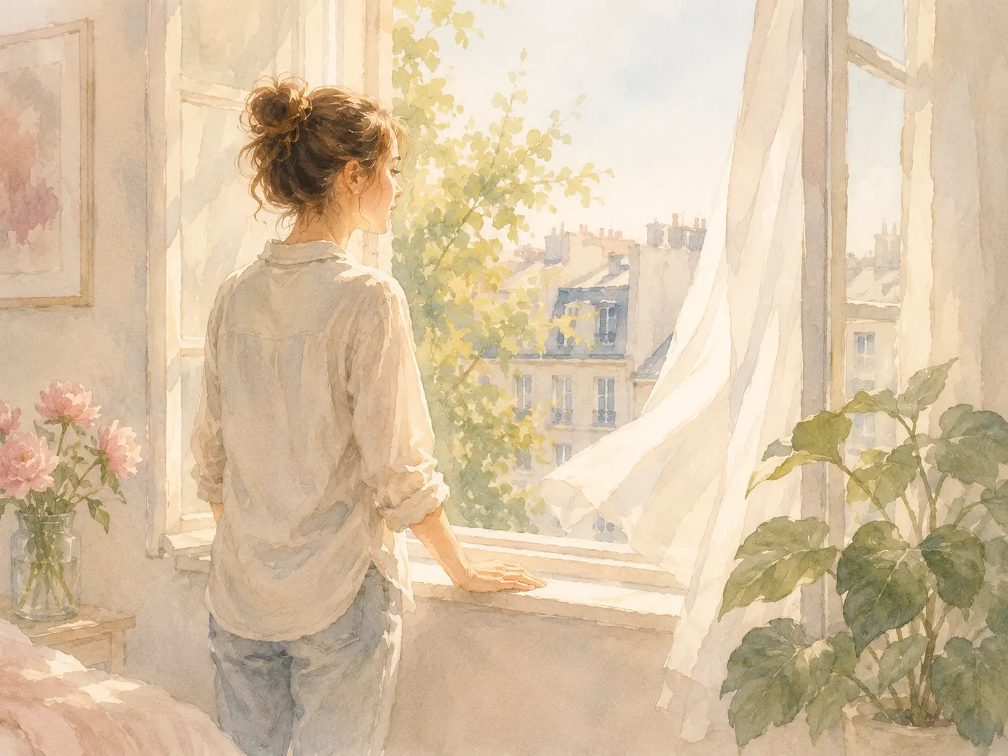 A woman standing by an open window after a breakup feeling relief and guilt