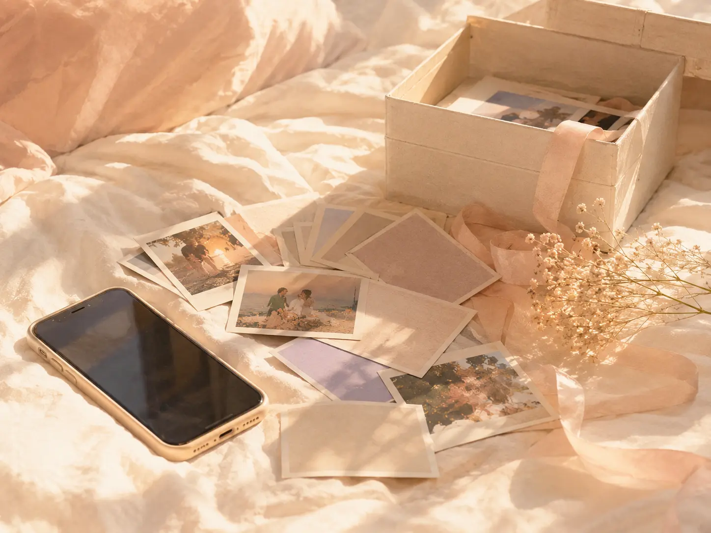 A phone and printed photos in a bright archive box after a breakup