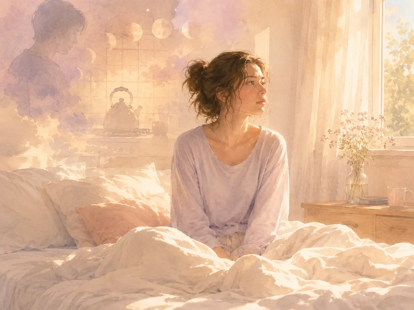 A surreal moonlit bedroom scene after dreaming about an ex