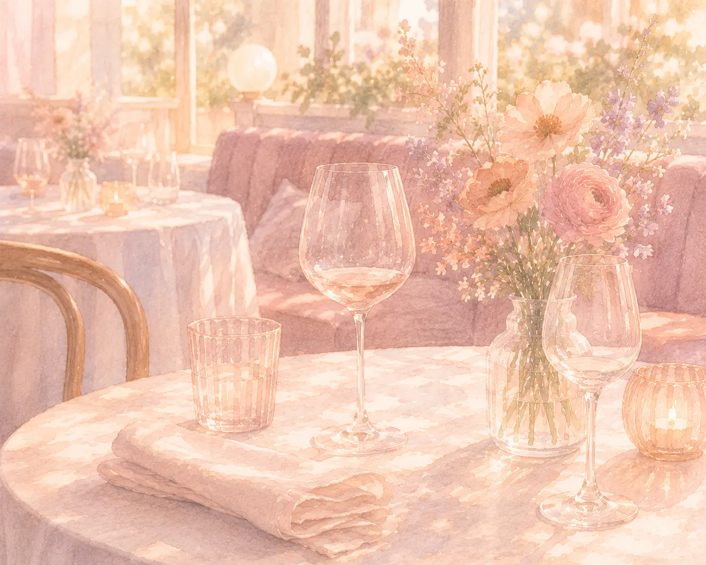 A softly lit restaurant table after an intense date