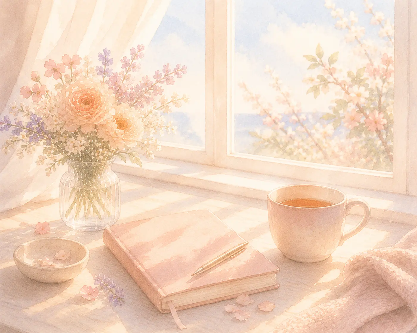 A bright window with a journal and tea after a breakup realization