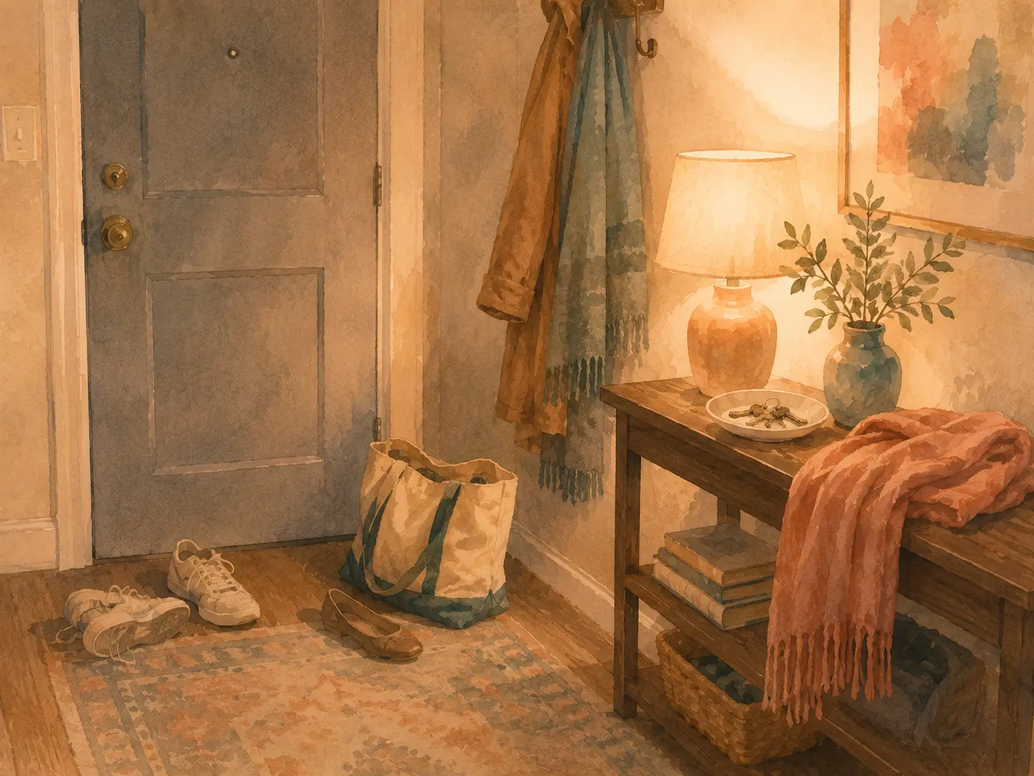 A quiet apartment entryway after pretending to be okay all day