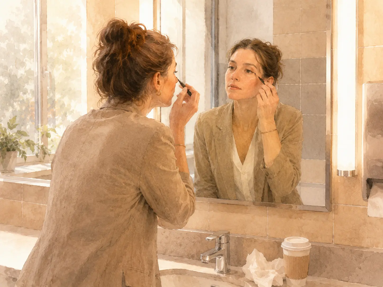 A woman checking her face in an office bathroom mirror after crying