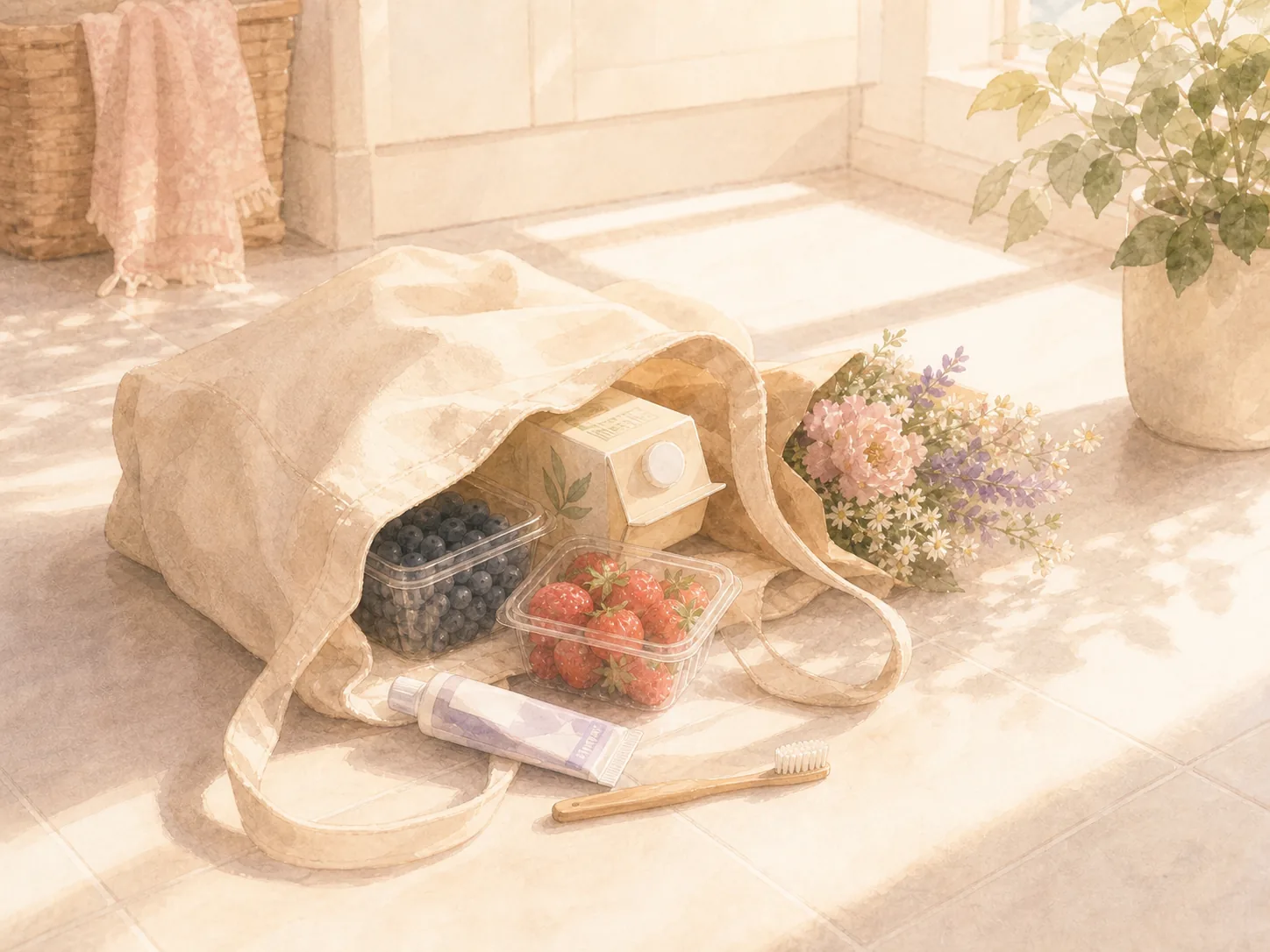 A quiet kitchen floor with groceries set down after an emotional public run-in