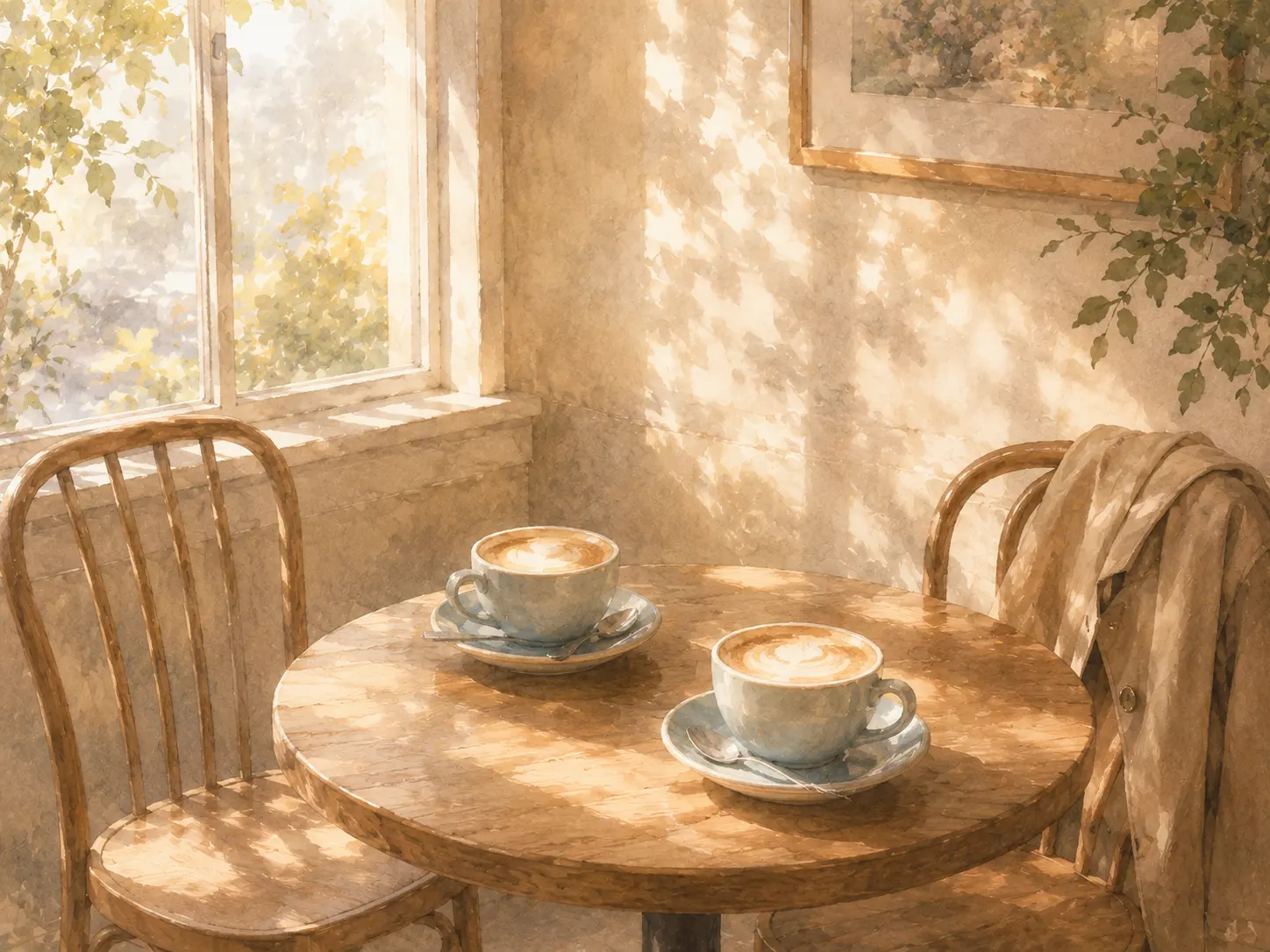 Two untouched cappuccinos on a cafe table after a breakup