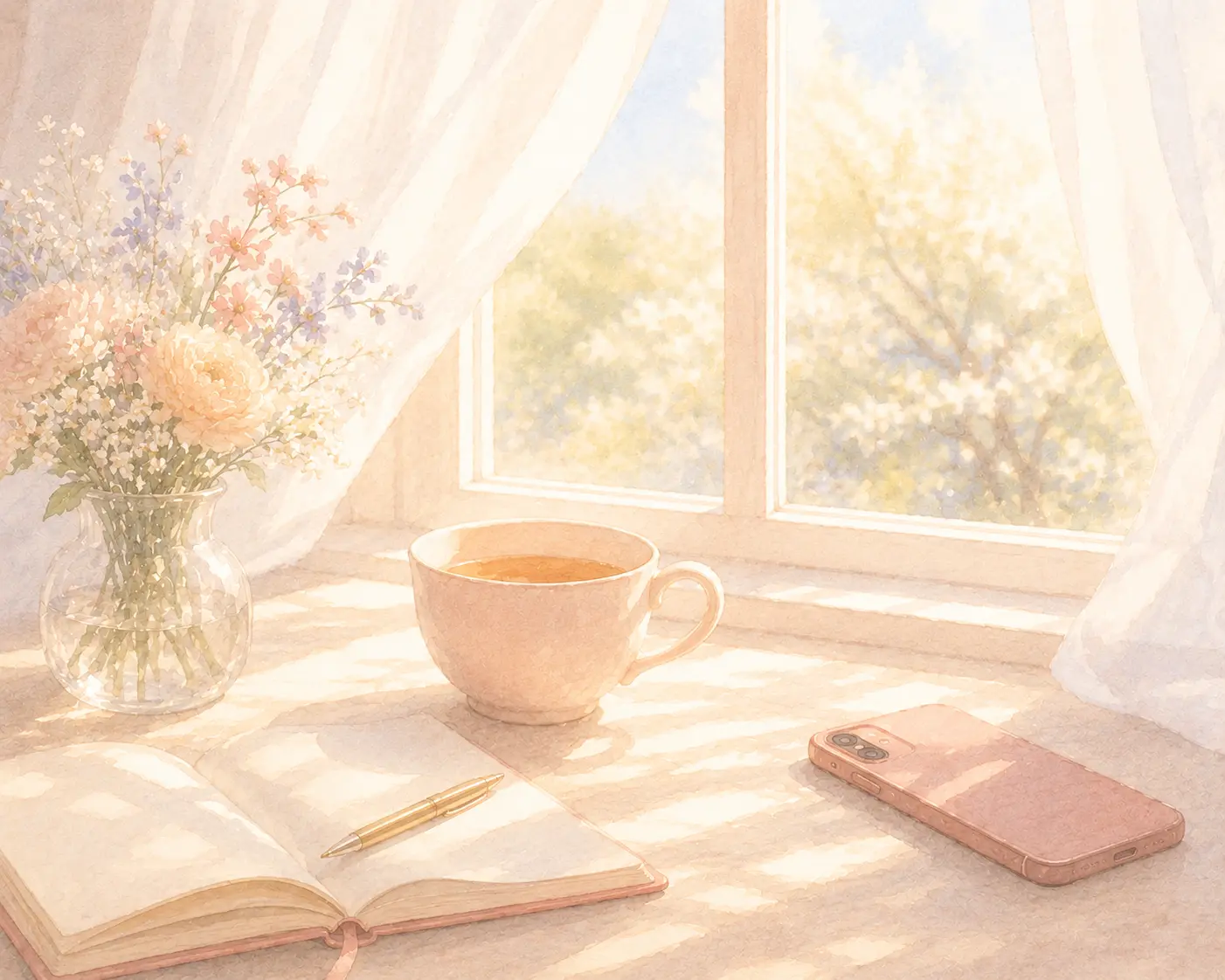A bright morning window with tea and a phone placed out of reach