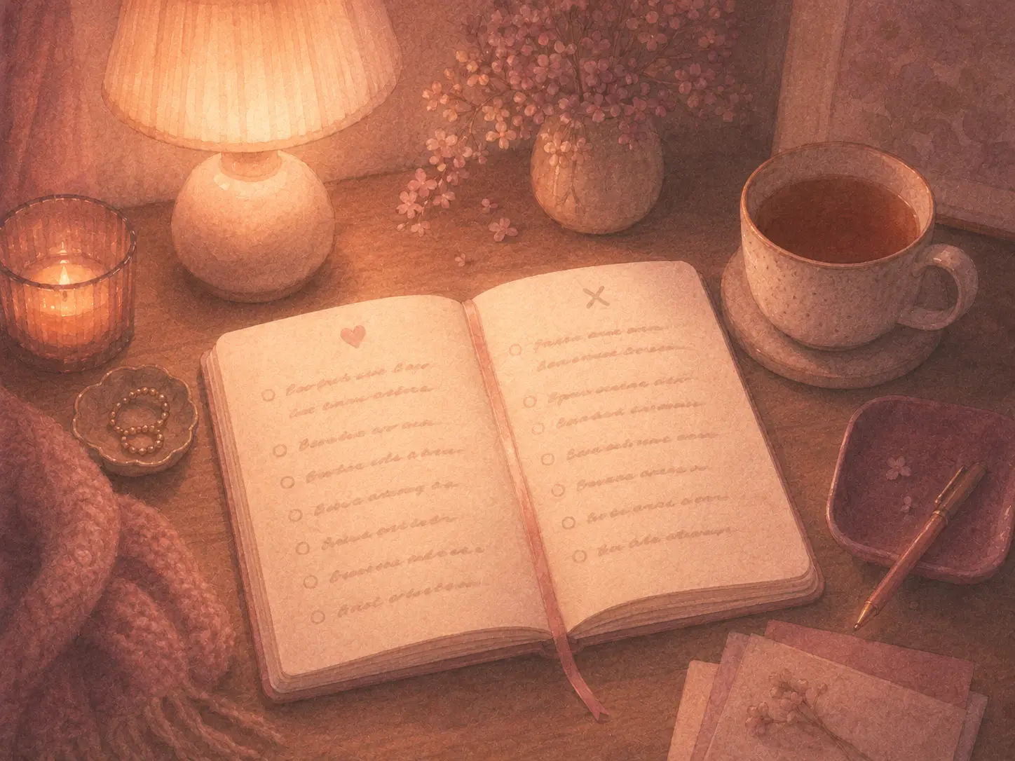 A notebook with stay or leave reflections beside a small lamp