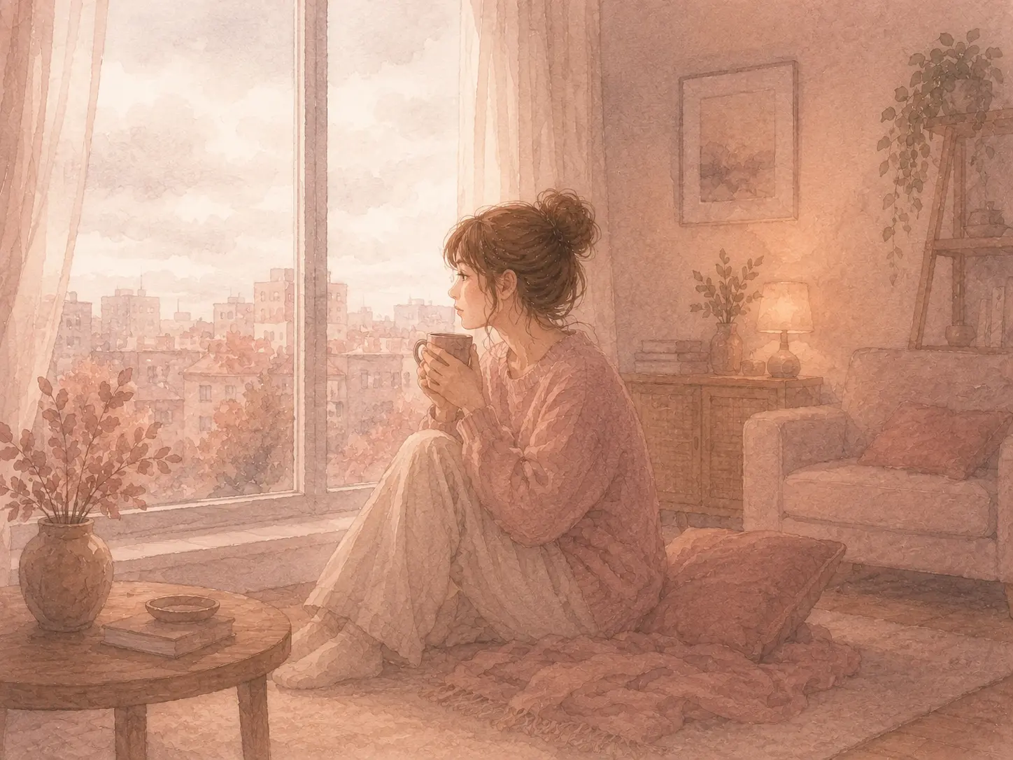A woman sitting by a window in a quiet apartment while thinking about whether to leave