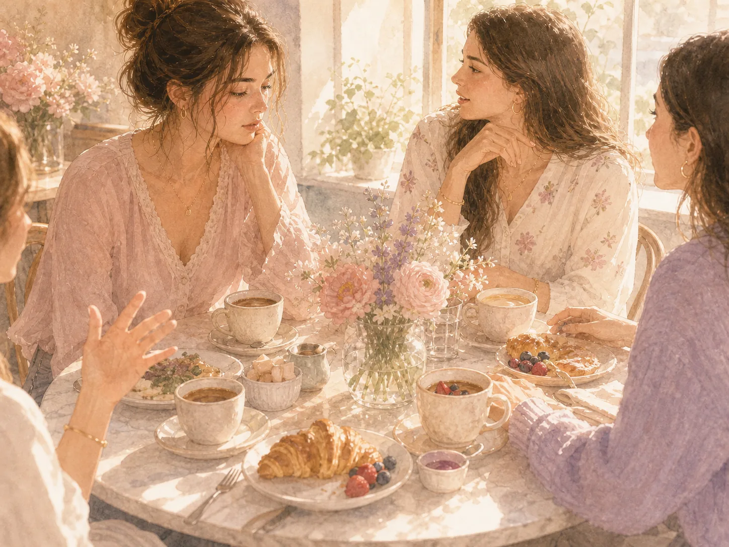 A brunch table where friends casually mention an ex after a breakup
