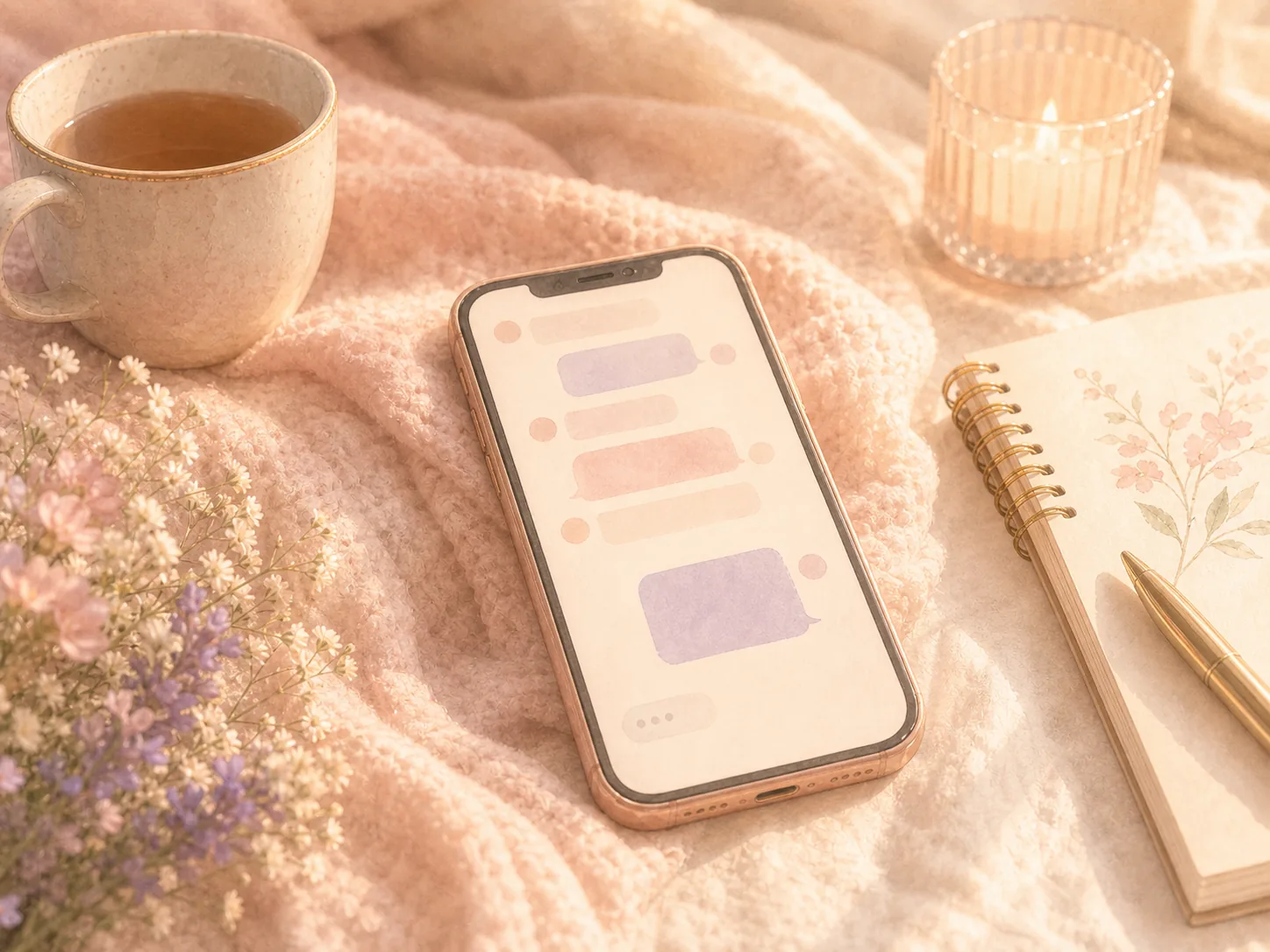 A phone on a soft blanket after setting a boundary in a friend group chat