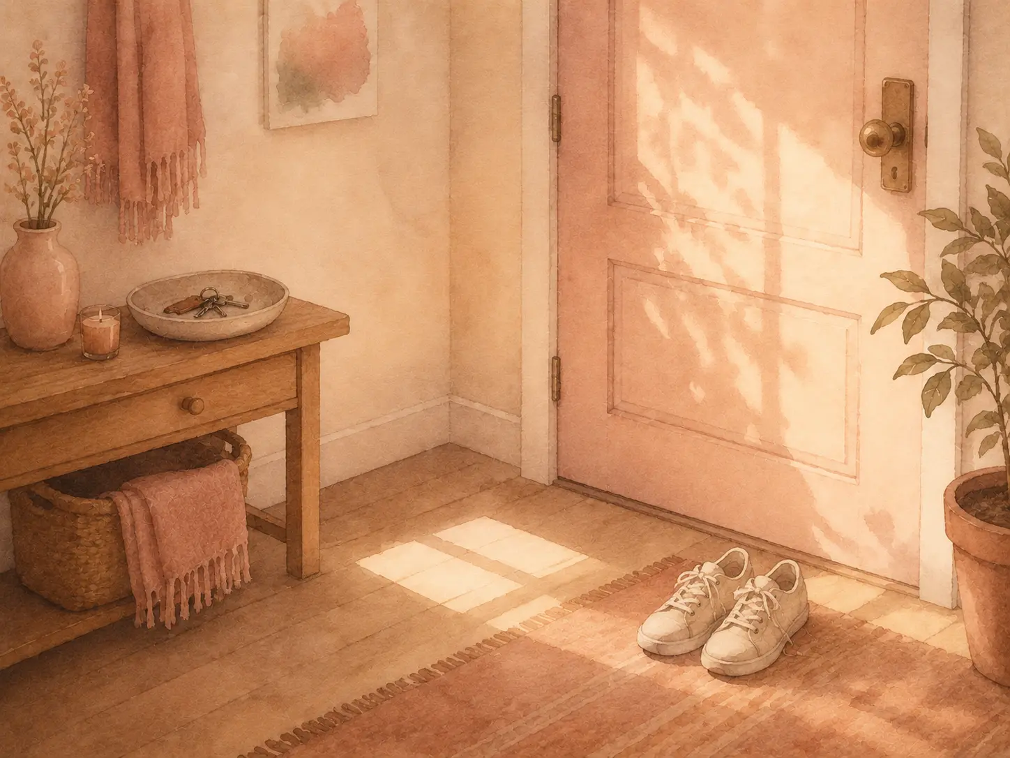 A quiet apartment entryway with an empty space where shoes used to be