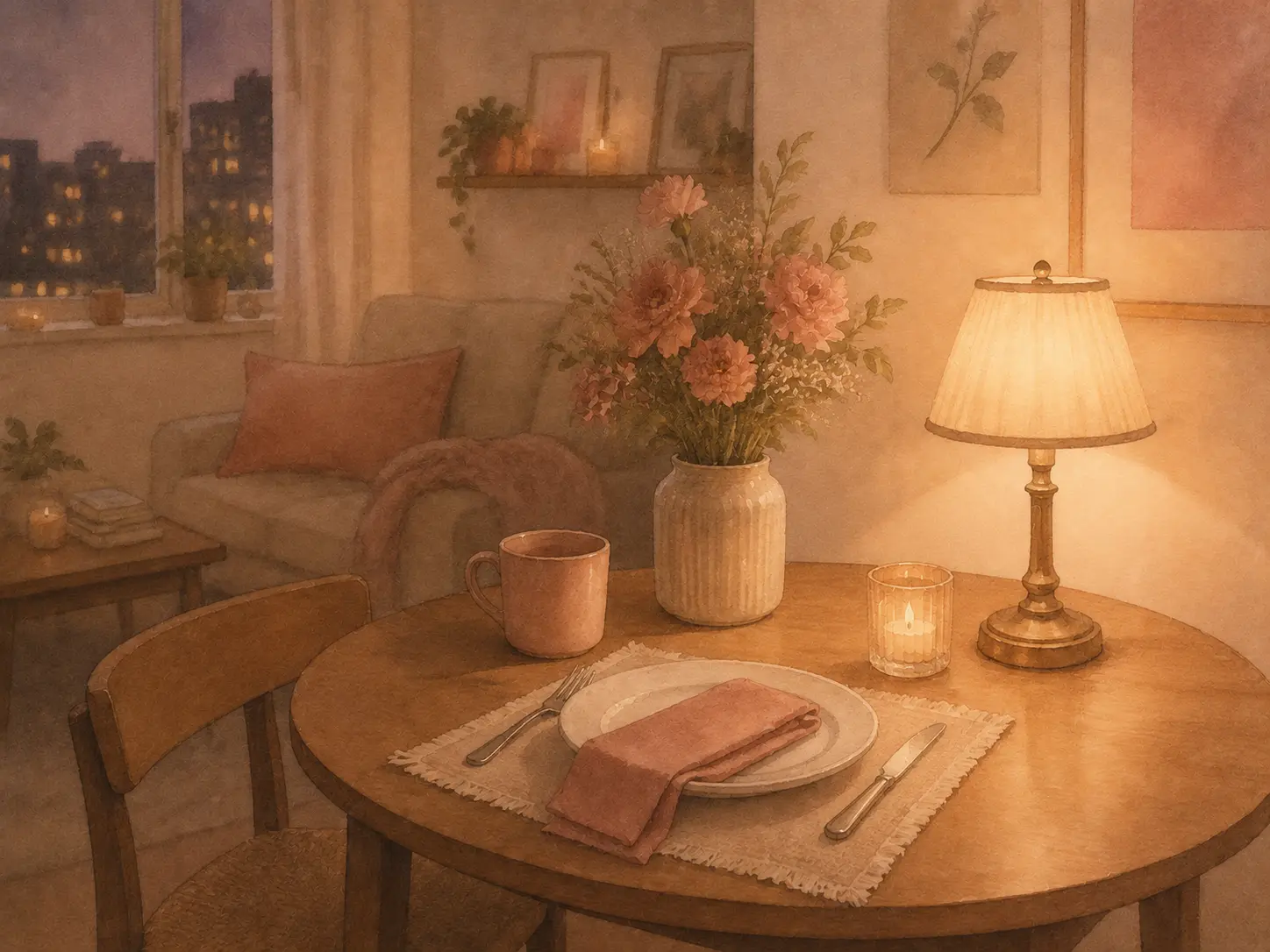 A small apartment table reset for one person with warm light and flowers