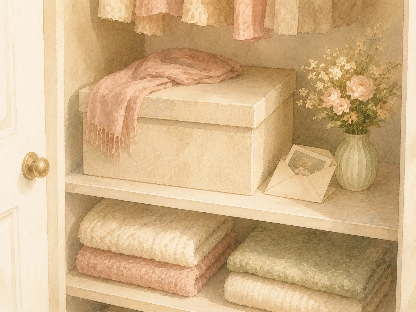 A closet shelf with boxed breakup reminders and soft light