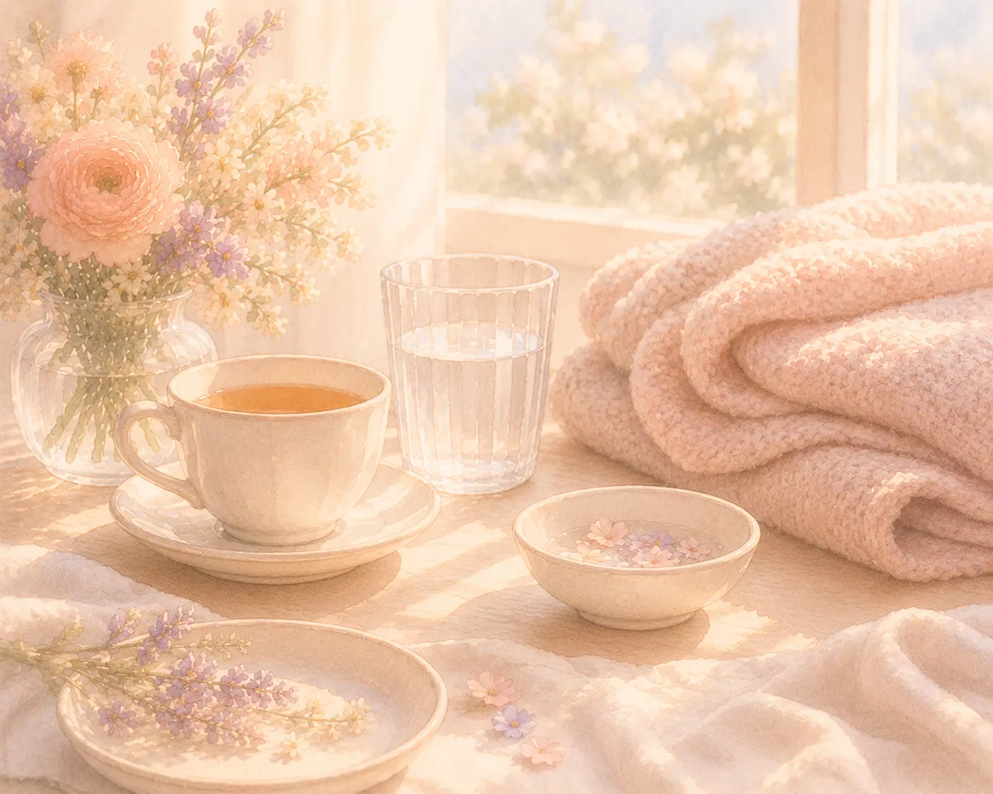 A bright grounding scene with tea, water, and a soft blanket