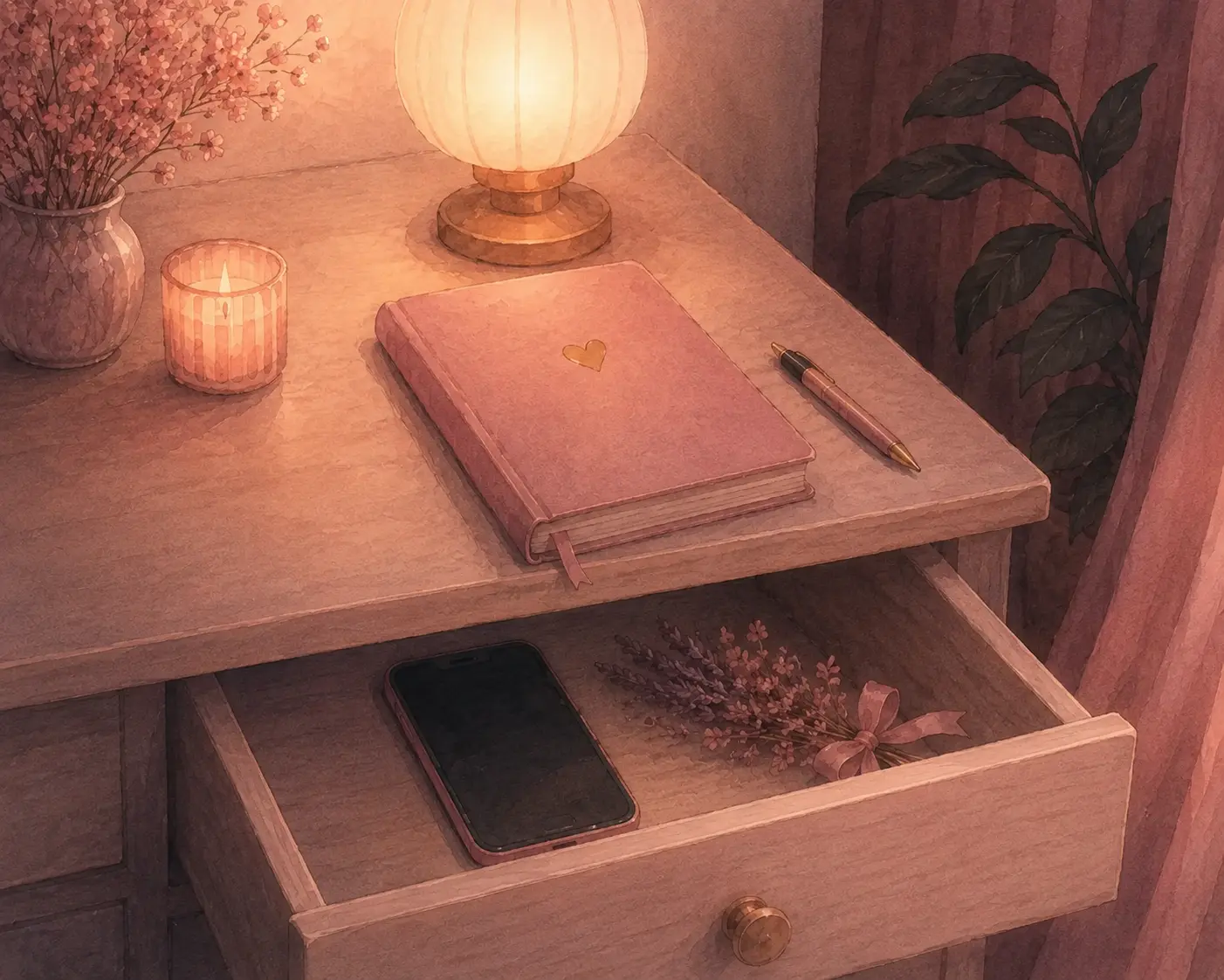 A phone placed in a drawer beside a journal and lamp