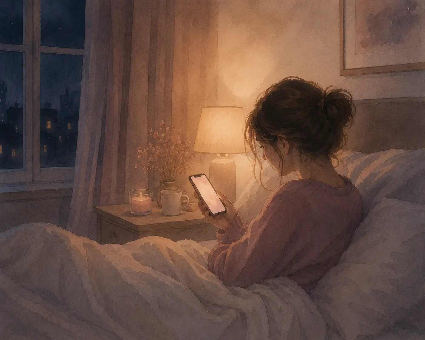 A woman rereading old messages on her phone at night