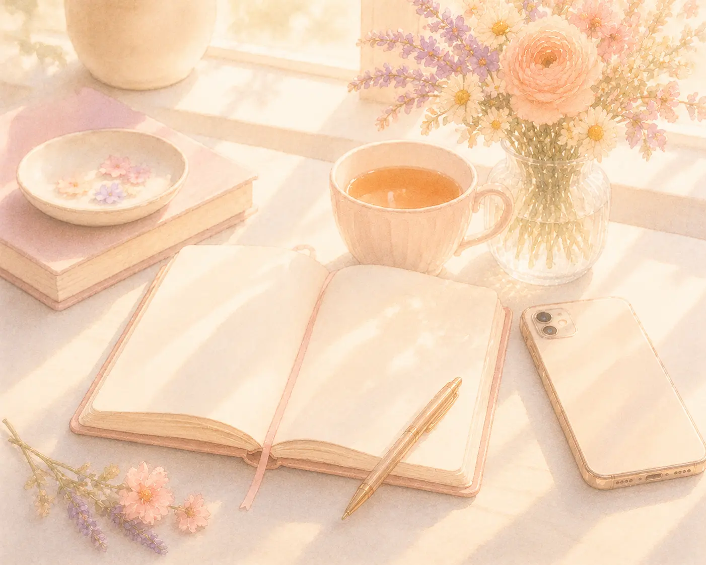 A bright journal and phone still life for breakup recovery