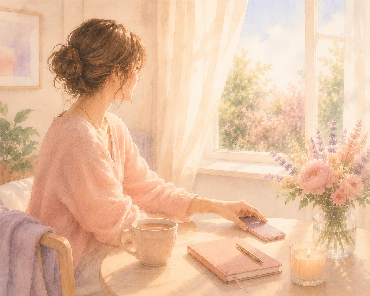 A woman placing her phone down beside a sunny window